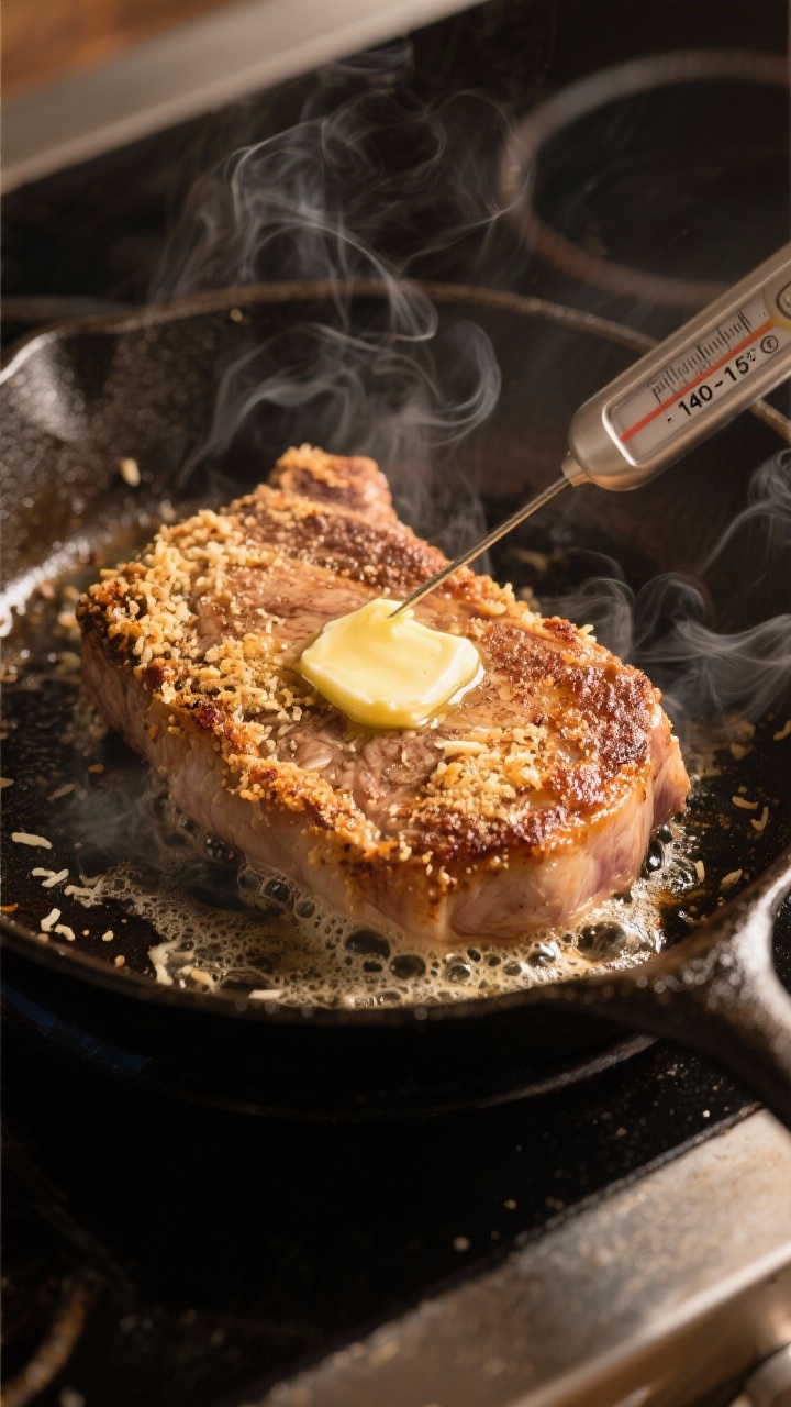 Cooking process: Searing parmesan-crusted pork chops in an oven-safe skillet, mid-sizzle with browne