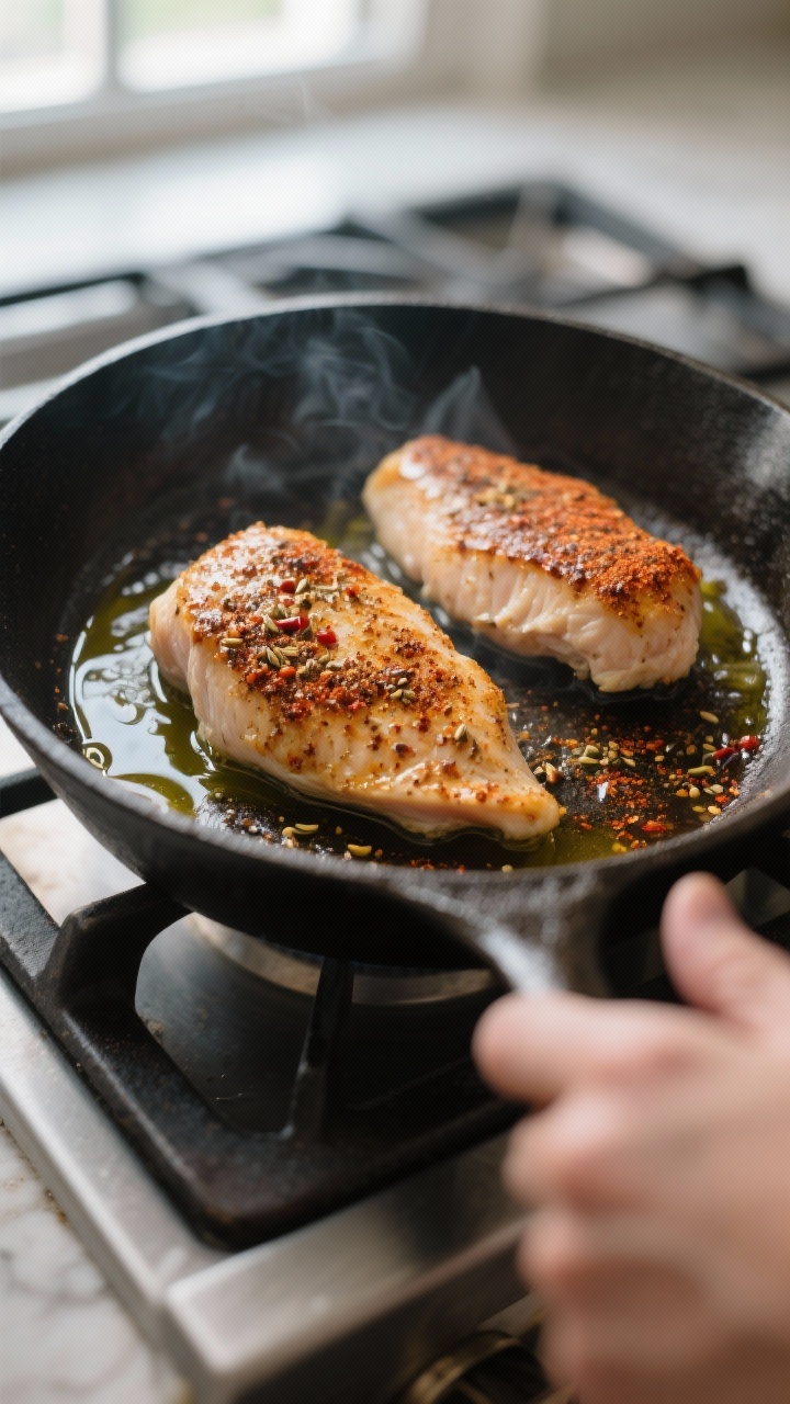 Cooking process: Searing seasoned chicken breasts in a preheated skillet, close-up of lightly browne