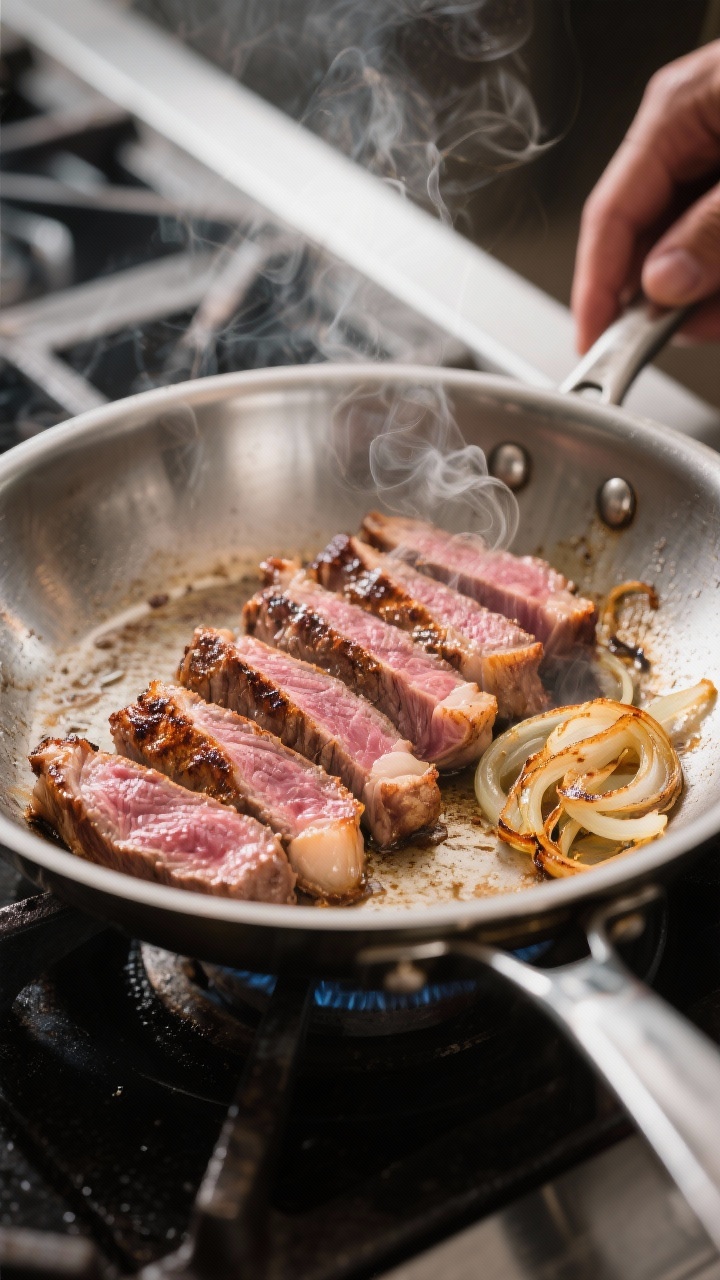 Cooking process — Searing the lamb: Thin slices of lamb sizzling in a hot stainless-steel skillet,