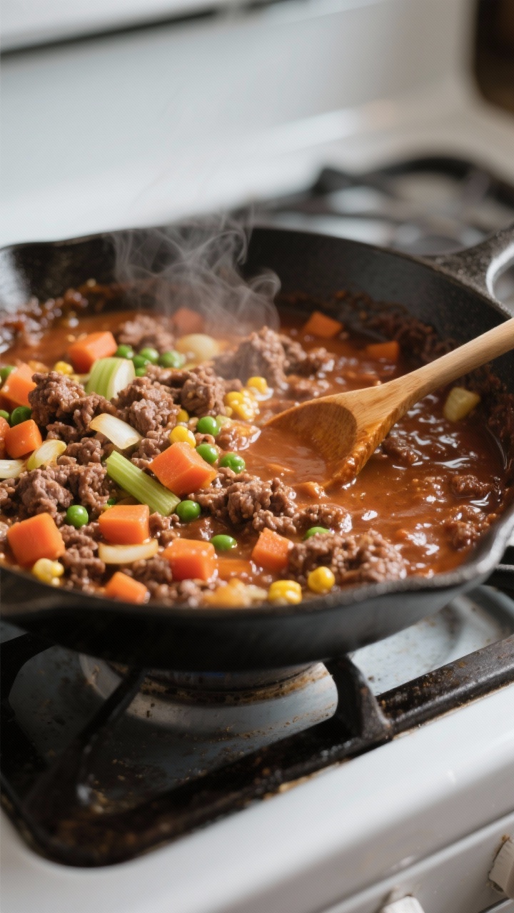 Cooking process: Shepherd’s Pie filling simmering in a skillet—browned ground lamb with glossy, 