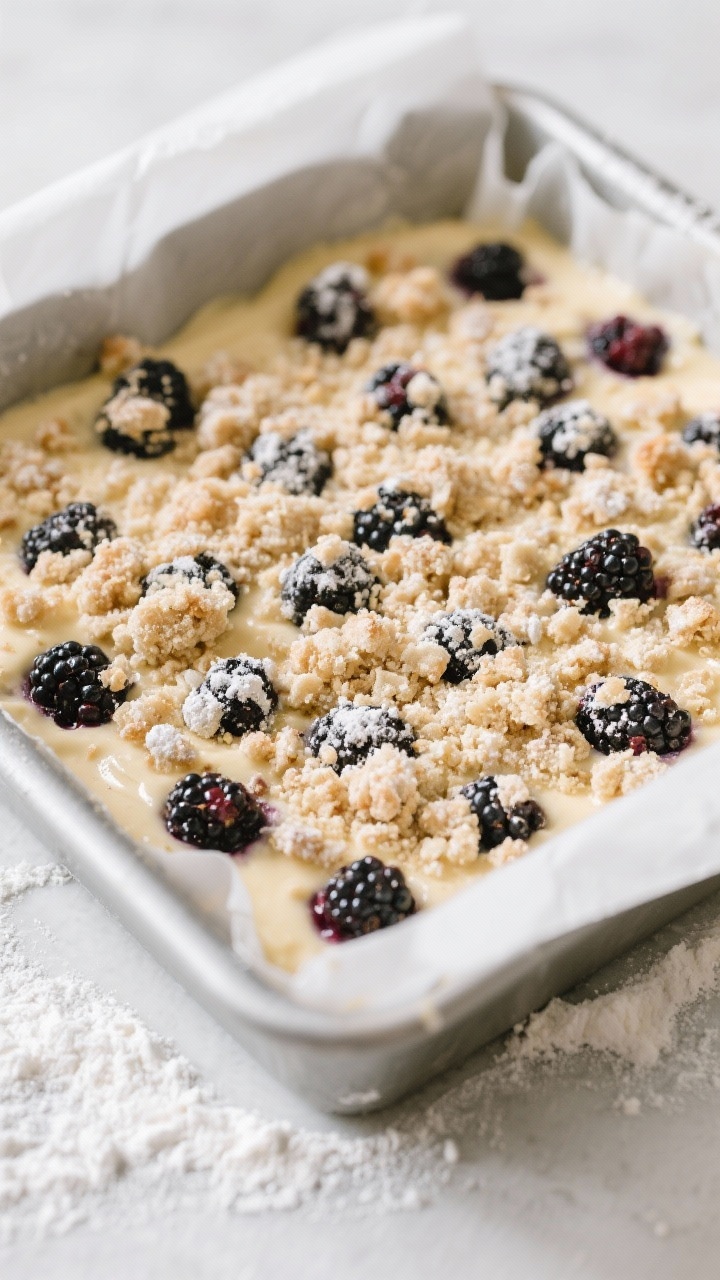 Cooking process shot: Batter spread evenly in a lined square pan with floured blackberries gently fo