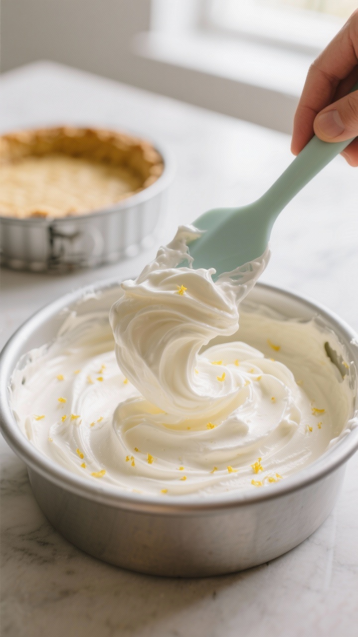 Cooking process shot: Folding softly whipped heavy cream into a smooth, tangy cream cheese mixture i