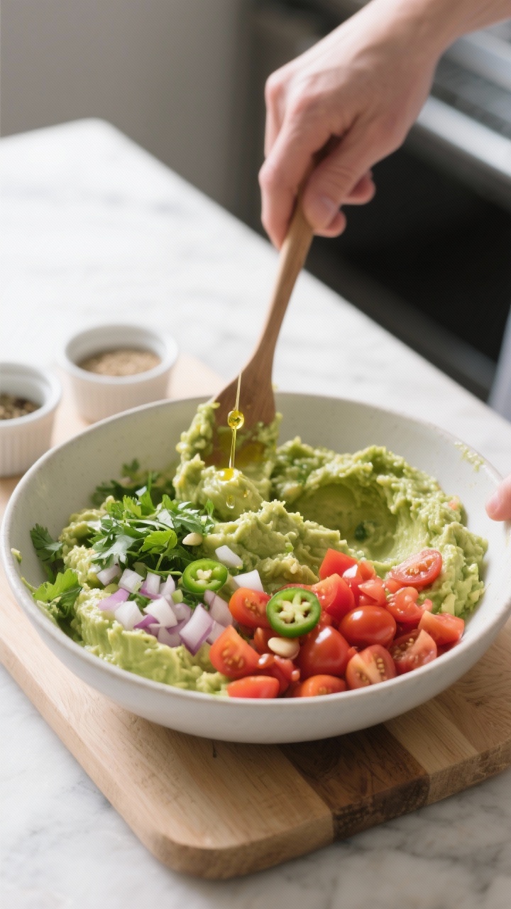 Cooking process shot: Guacamole being gently folded with a spatula in a medium bowl—cilantro, onio