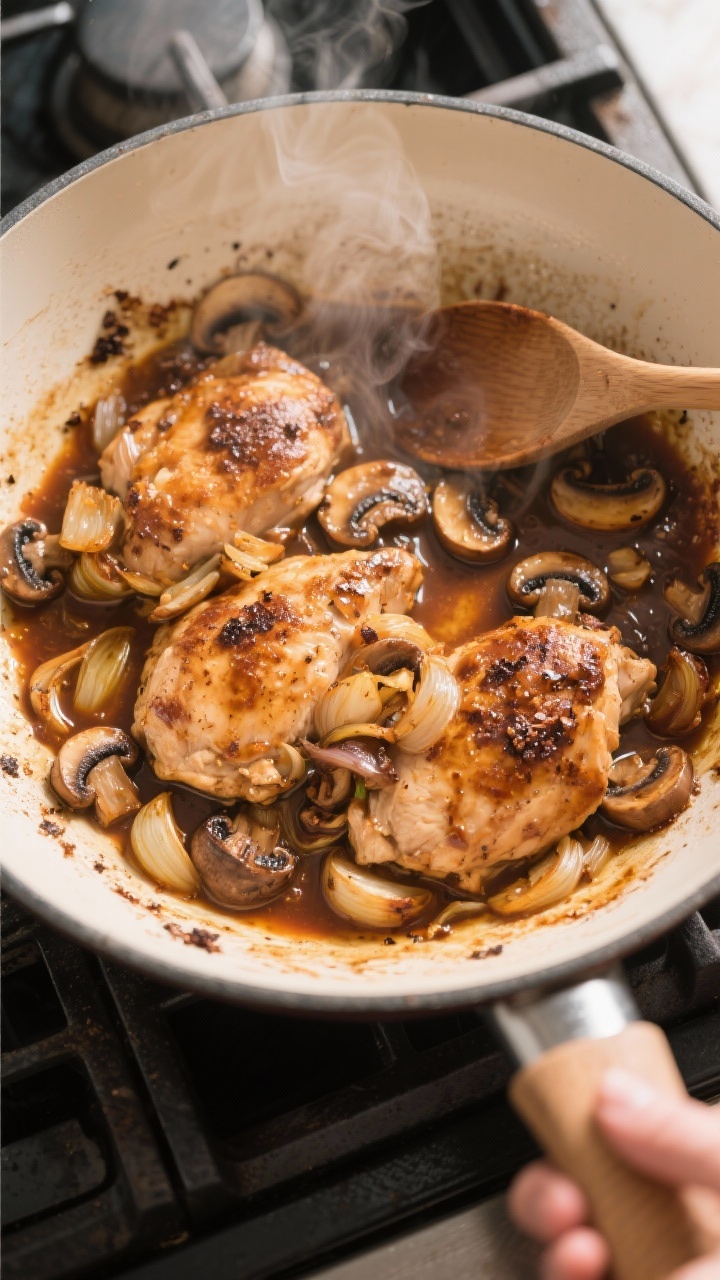 Cooking process shot: Keto Chicken Marsala Bake just after deglazing—overhead view of an oven-safe
