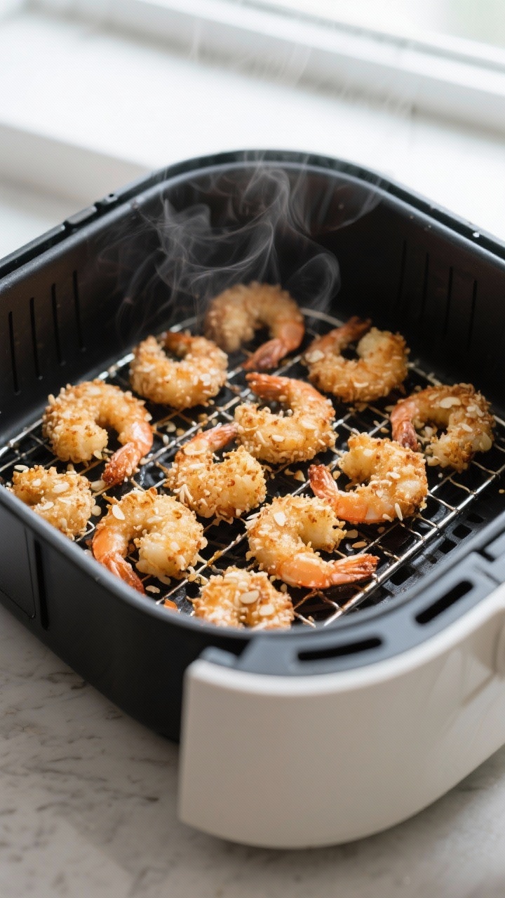 Cooking process shot of air-fried keto coconut shrimp in an open air fryer basket, arranged in a sin