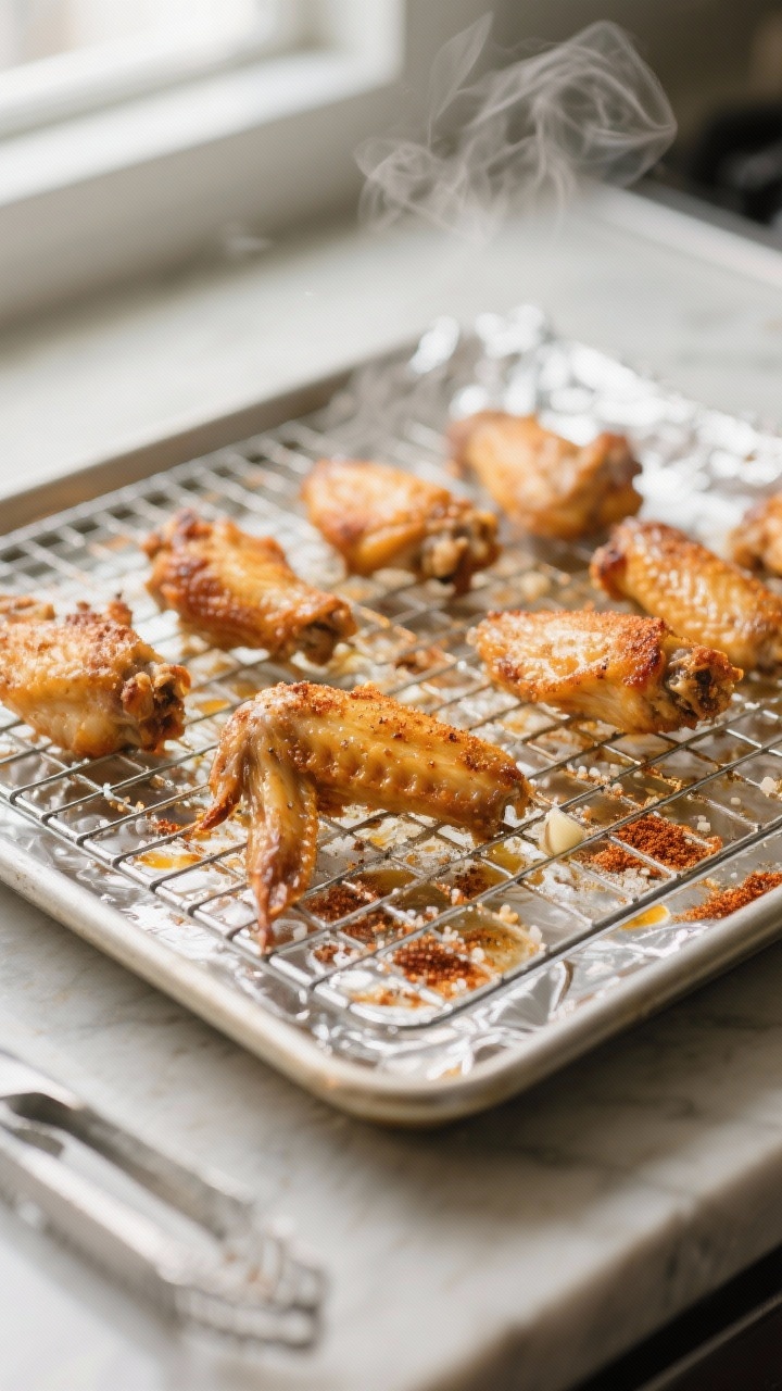 Cooking process shot: Oven-baked method in action—golden wings on a wire rack set over a foil-line