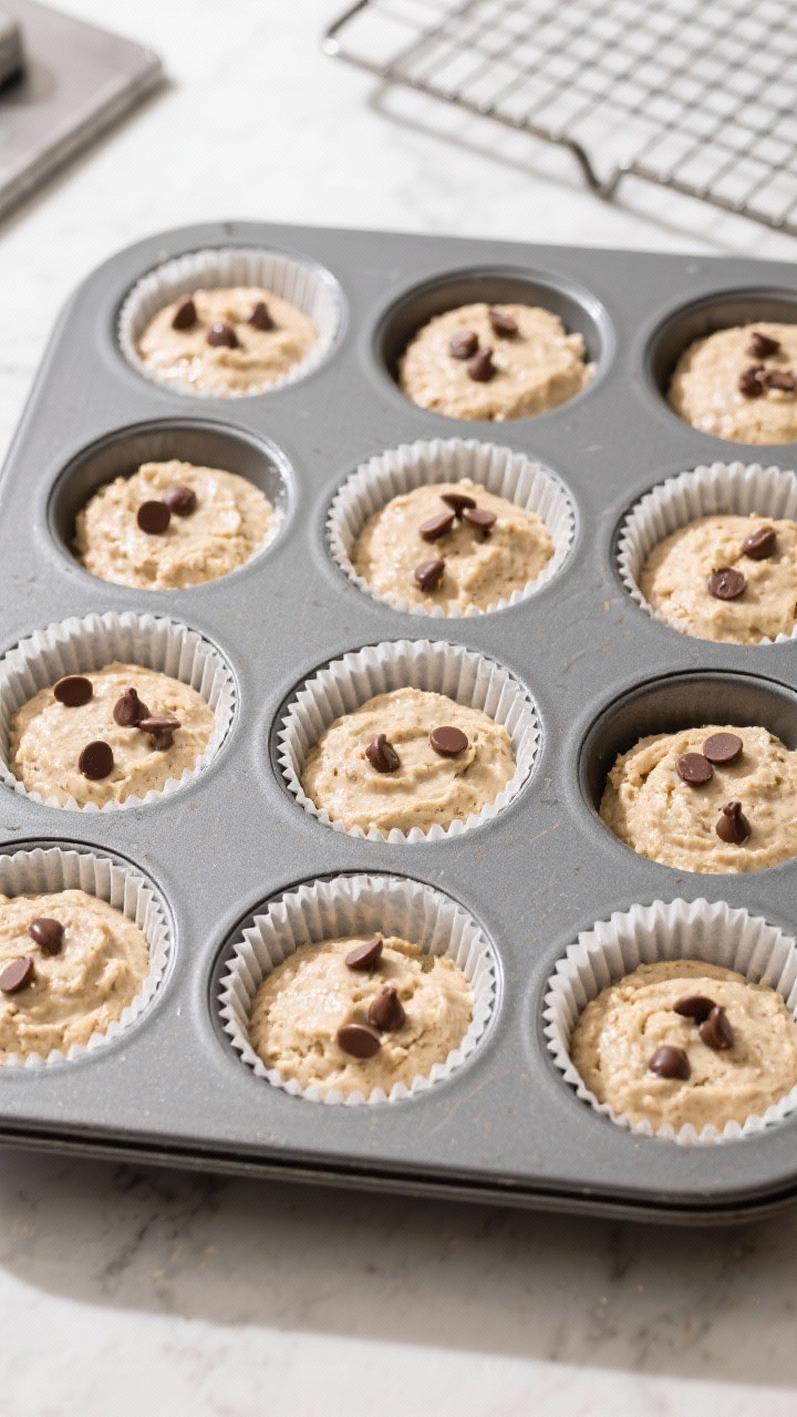 Cooking process shot: overhead view of a 12-cup muffin tin just filled 3/4 full with thick, almond-f