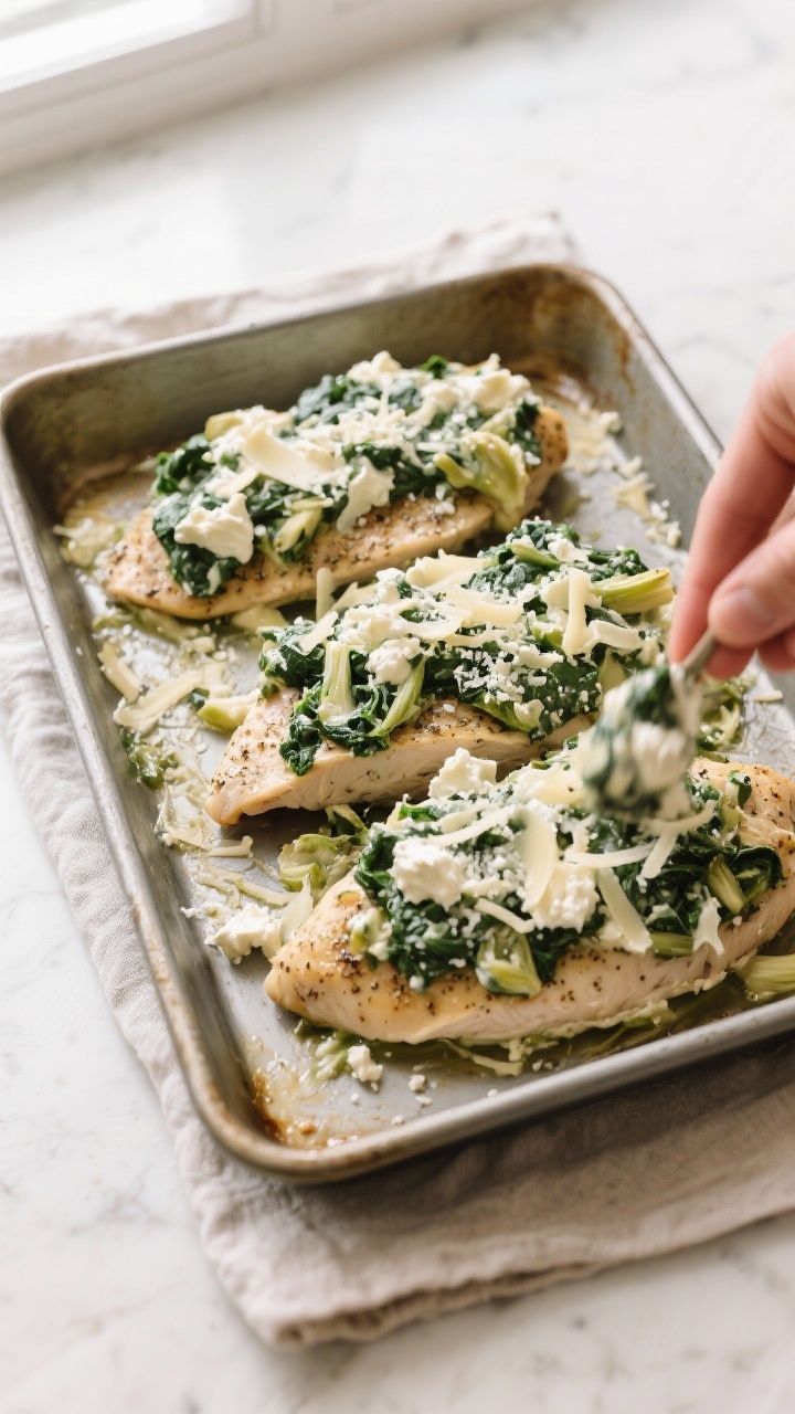 Cooking process shot: Overhead view of a 9x13-inch oiled baking dish with seasoned chicken breasts f