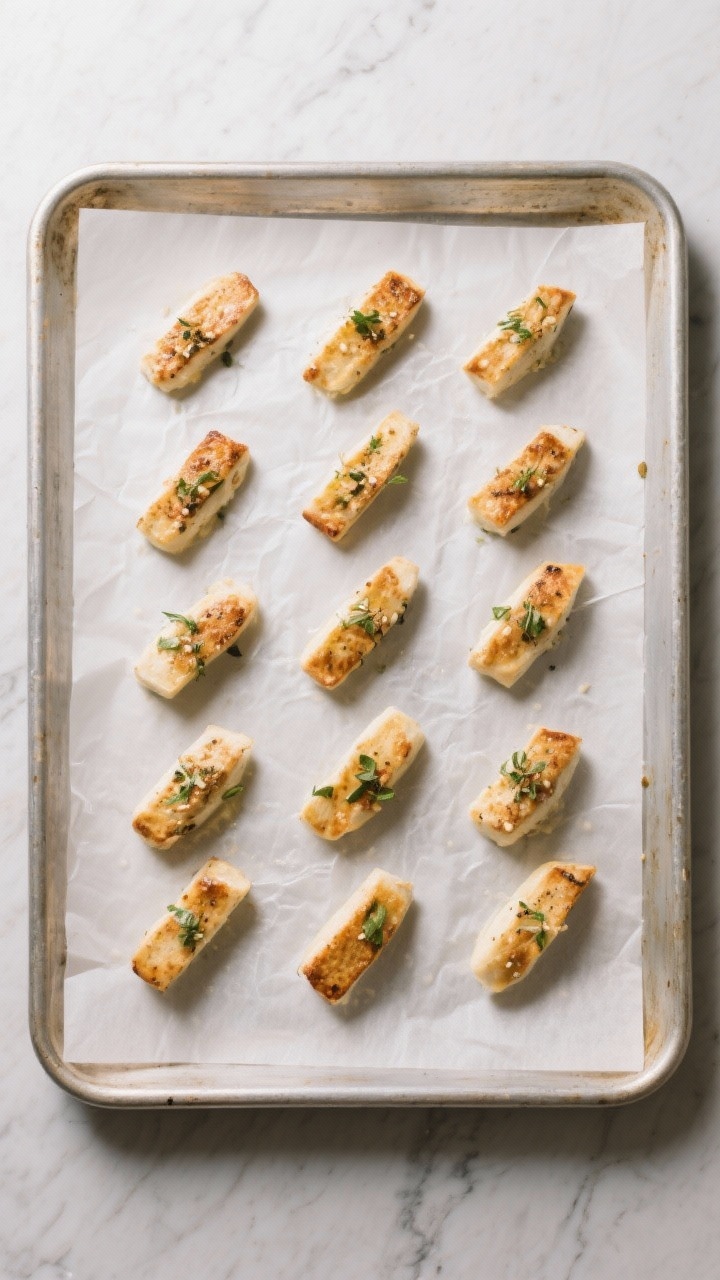 Cooking process shot: Overhead view of a parchment-lined baking sheet with evenly spaced