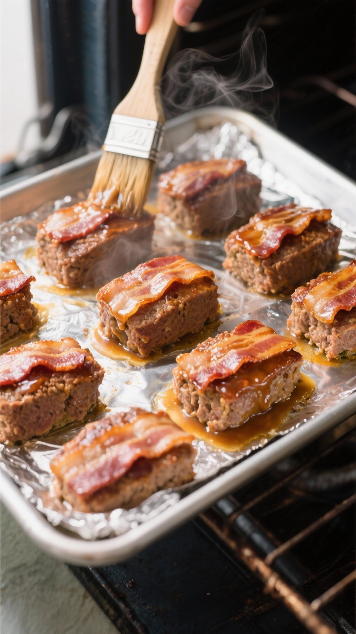 Cooking process shot: Overhead view of multiple mini meatloaves mid-bake on a foil-lined sheet pan a