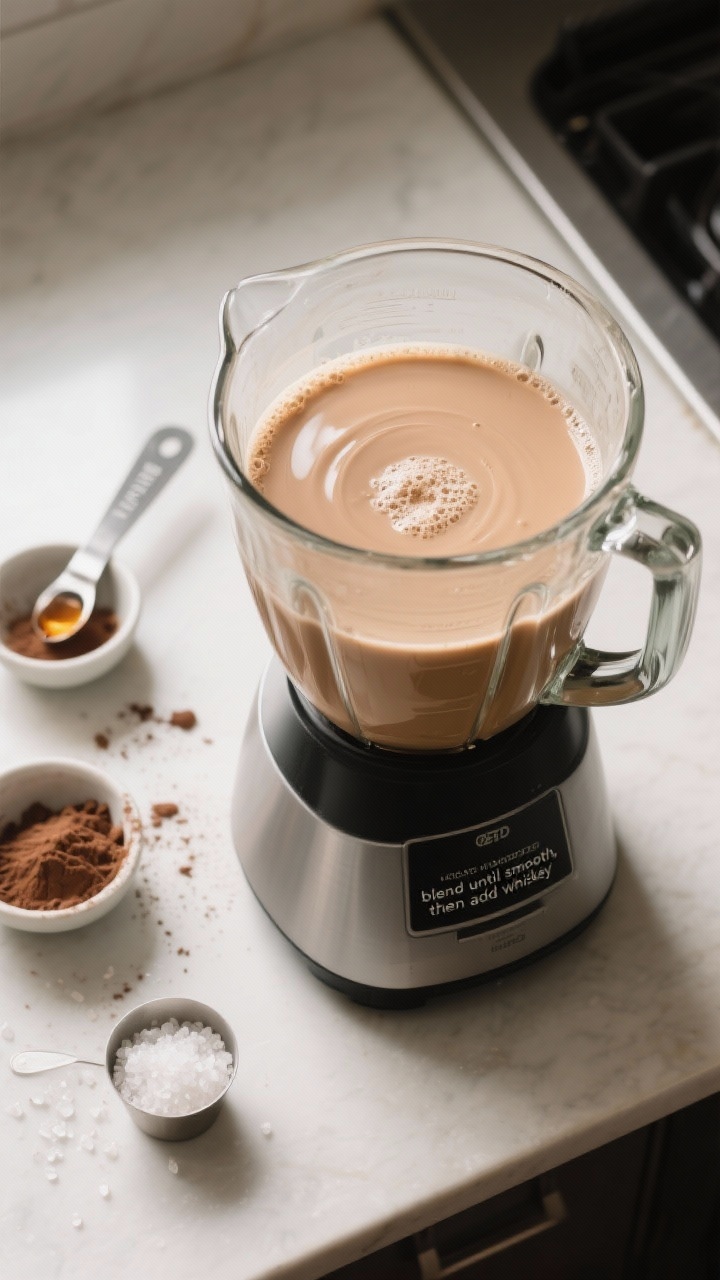 Cooking process shot: Overhead view of the blended keto Irish cream in a high-speed blender just aft