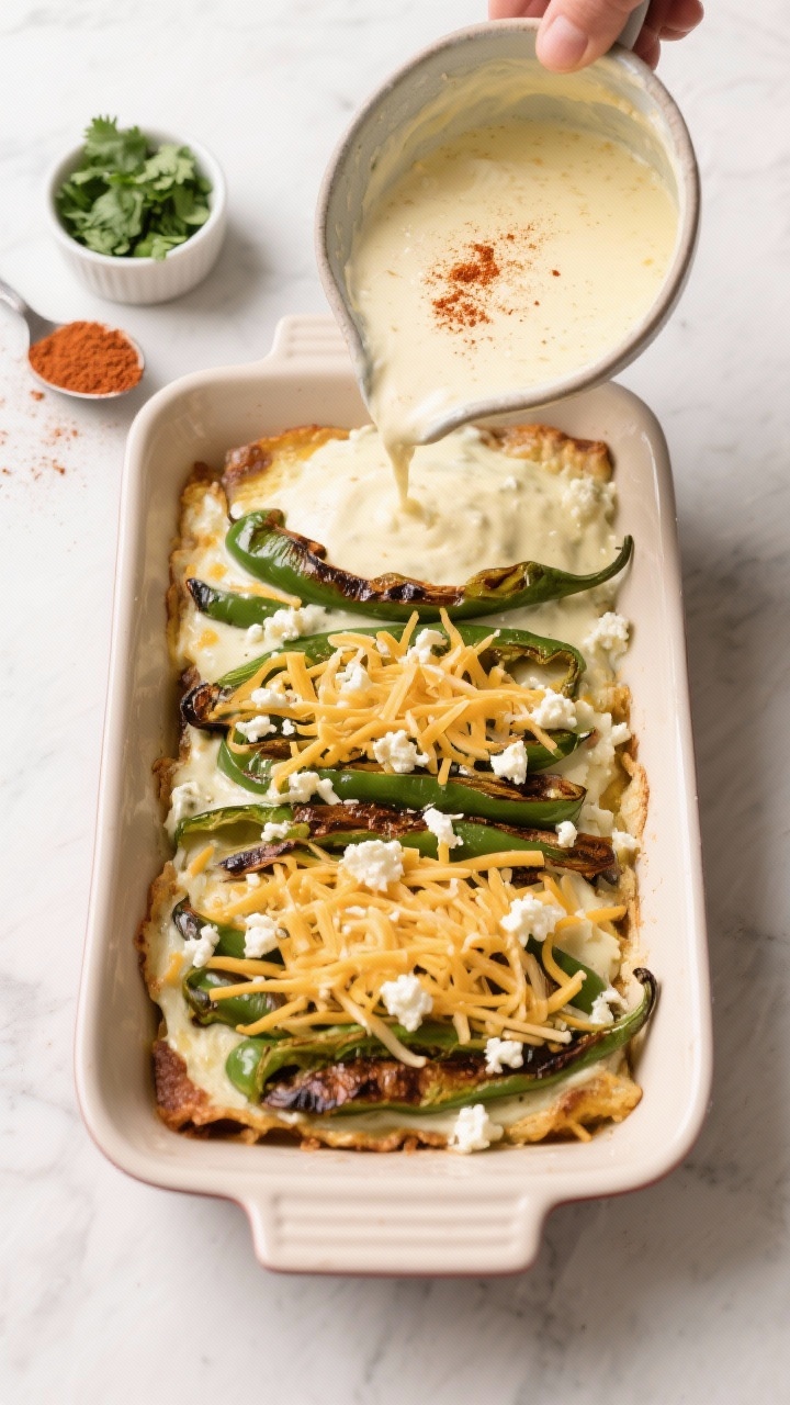 Cooking process shot: Overhead view of the casserole mid-assembly in a 9x13 dish—layer of roasted 
