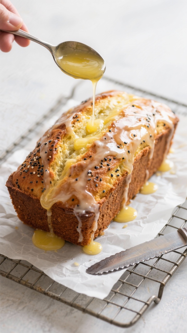 Cooking process shot: Overhead view of the loaf on a wire rack being glazed, spoon mid-pour creating