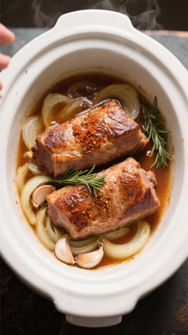 Cooking process shot: Overhead view of the slow cooker just after searing and assembling—two brown
