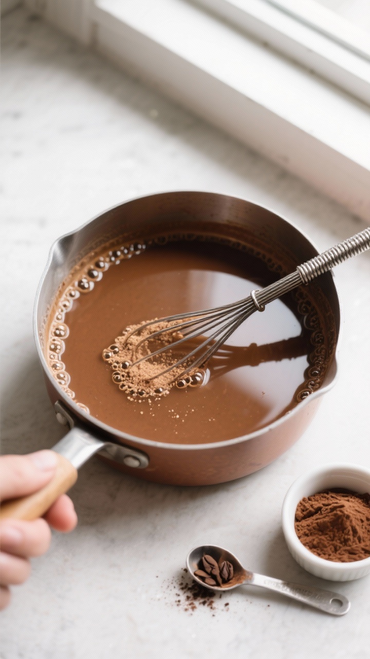 Cooking process shot: overhead view of the syrup in a small saucepan at a gentle simmer, tiny unifor