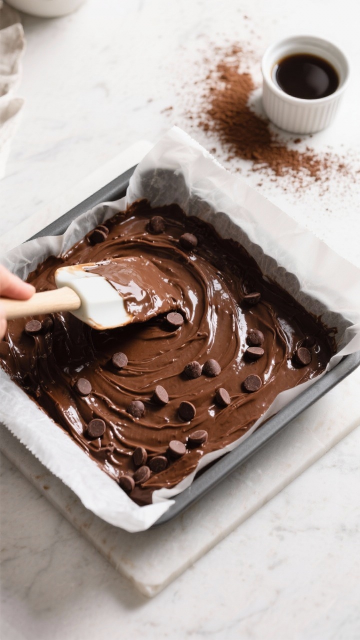 Cooking process shot: Overhead view of the thick, spreadable brownie batter being smoothed evenly in