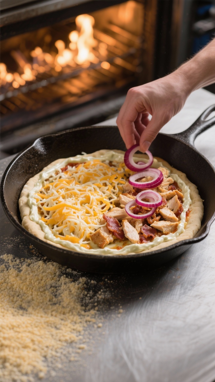 Cooking process shot: Par-baked crust on an inverted cast-iron skillet, thin, even layer of ranch sp