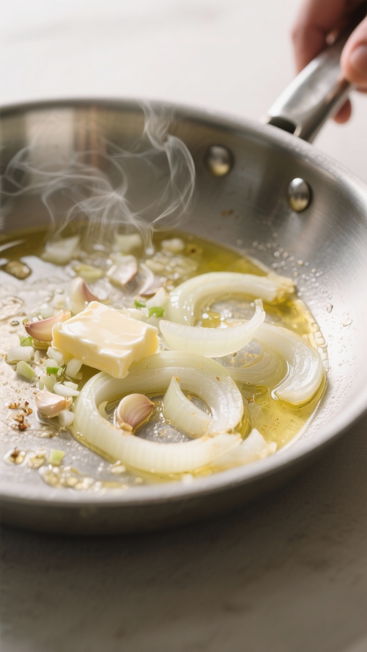 Cooking process shot: Sautéed onions turning translucent with minced garlic just added in a stainle