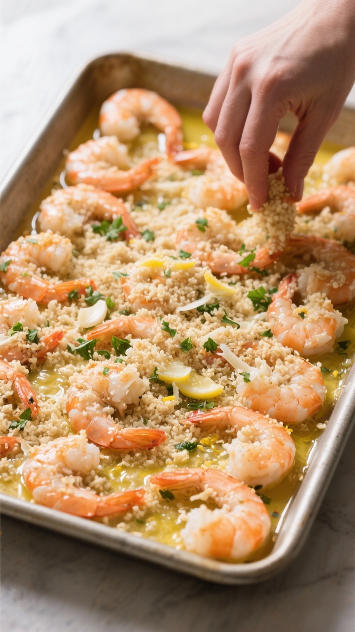 Cooking process shot: shrimp arranged in a single layer in a buttered 9x13 baking dish, already coat