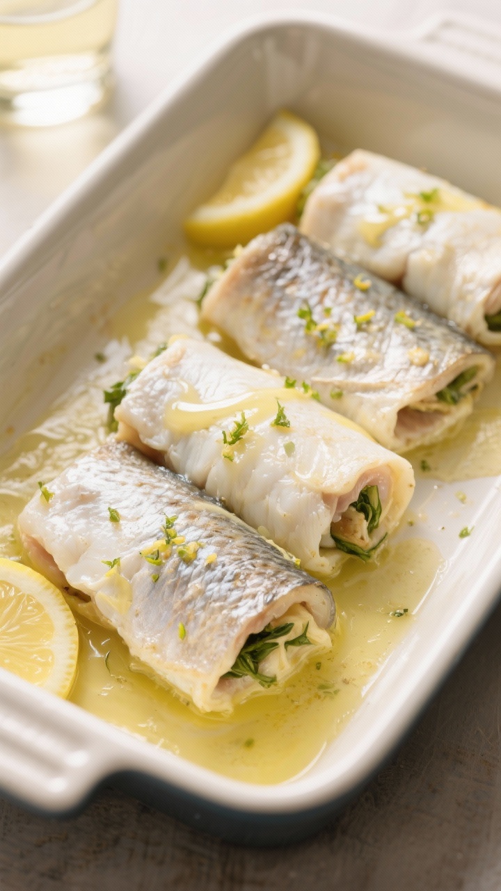 Cooking process shot: stuffed flounder rolls nestled snugly in a buttered baking dish with a splash 