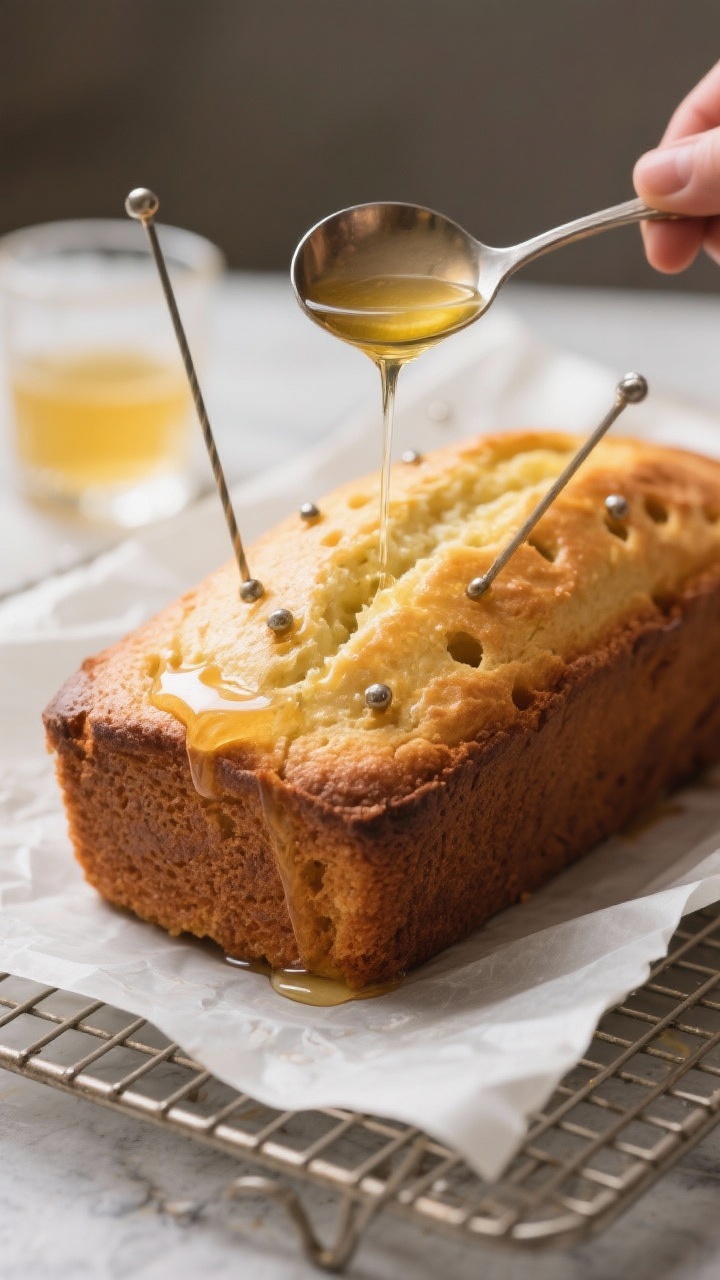 Cooking process shot: the loaf just out of the oven on a cooling rack, with a skewer mid-action poki