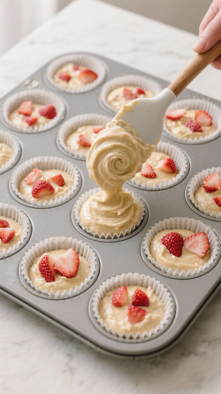 Cooking process shot: thick, scoopable batter being portioned into lined muffin cups, diced strawber