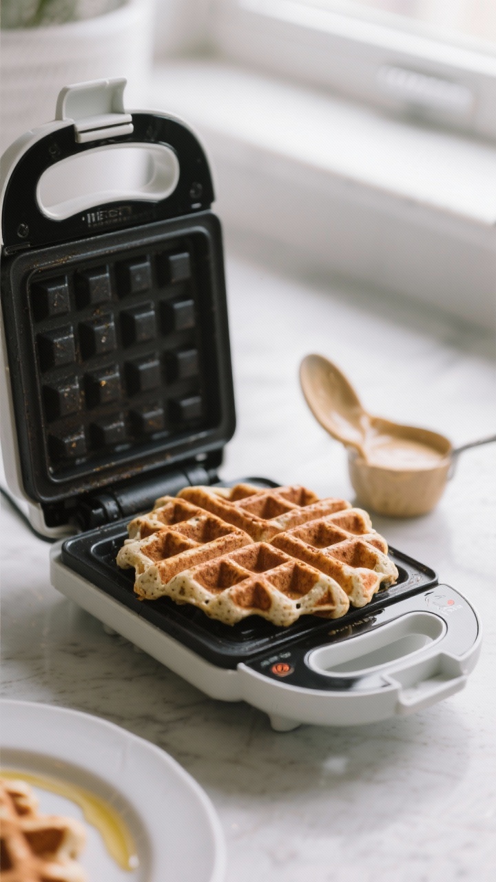 Cooking process shot: waffle iron open to reveal a just-finished low carb waffle with deep, even bro