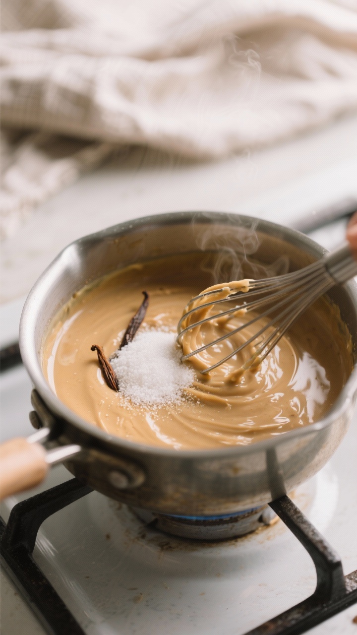 Cooking process shot: Warm, melted mixture of almond butter and coconut oil being whisked silky-smoo
