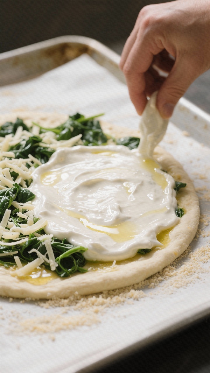 Cooking process shot: White spinach pizza being assembled on a cornmeal-dusted parchment over a preh