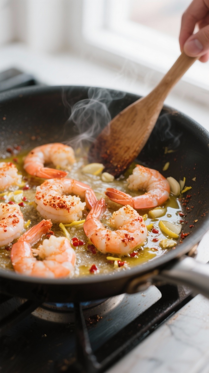 Cooking process — Shrimp sear in butter: Close-up of paprika-seasoned shrimp sizzling in a large s