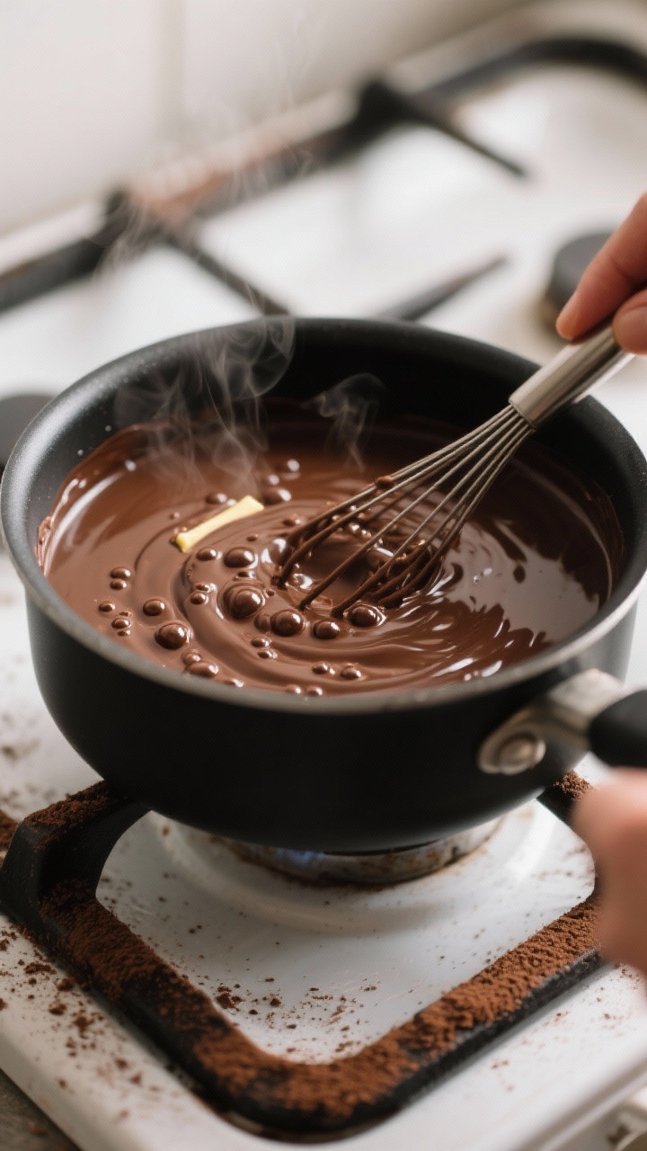 Cooking process: Silky chocolate pudding thickening on the stove in a matte black saucepan, medium b