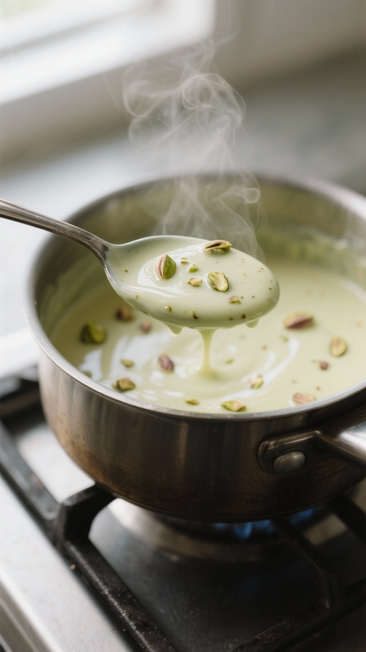 Cooking process — silky custard moment: Close-up of pistachio custard coating the back of a spoon 