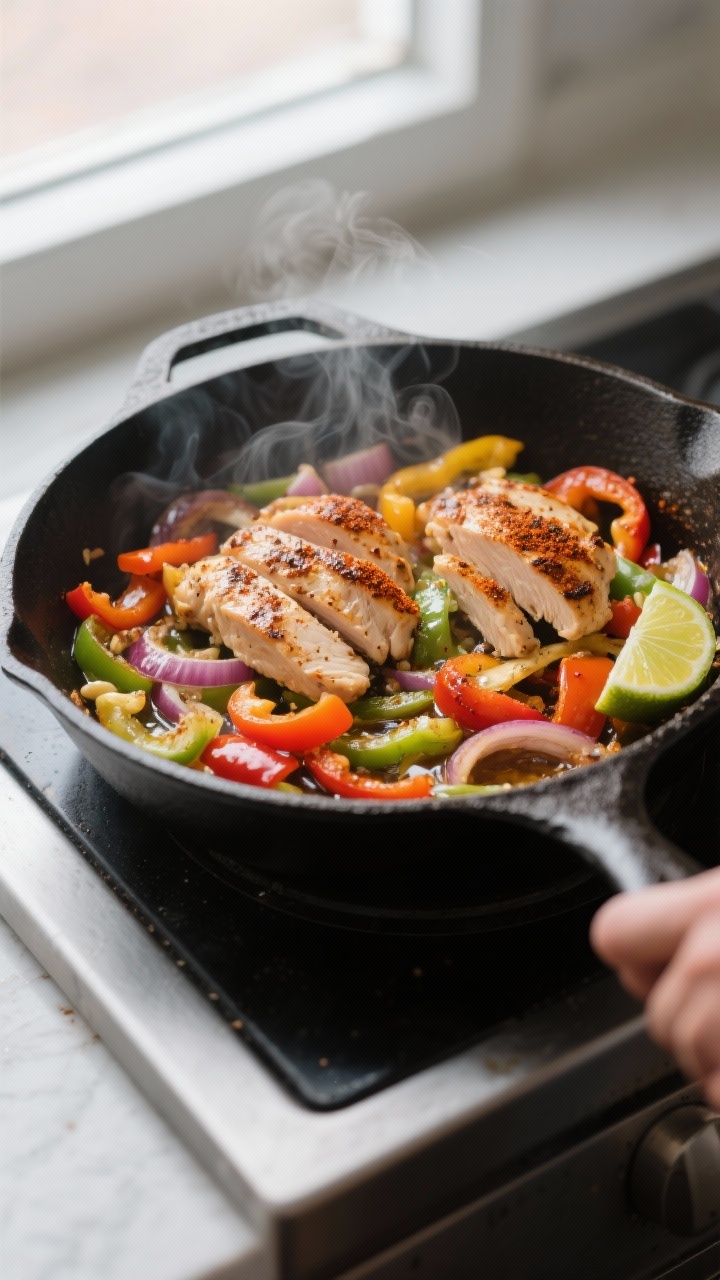 Cooking process, sizzling fajitas in a cast-iron skillet: Thinly sliced chicken thighs and colorful 