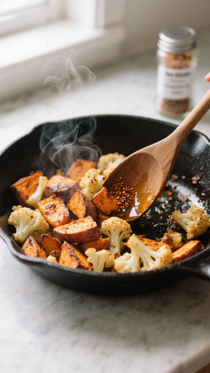 Cooking process: Skillet of roasted sweet potatoes and cauliflower tossed with the Southwest Spice B