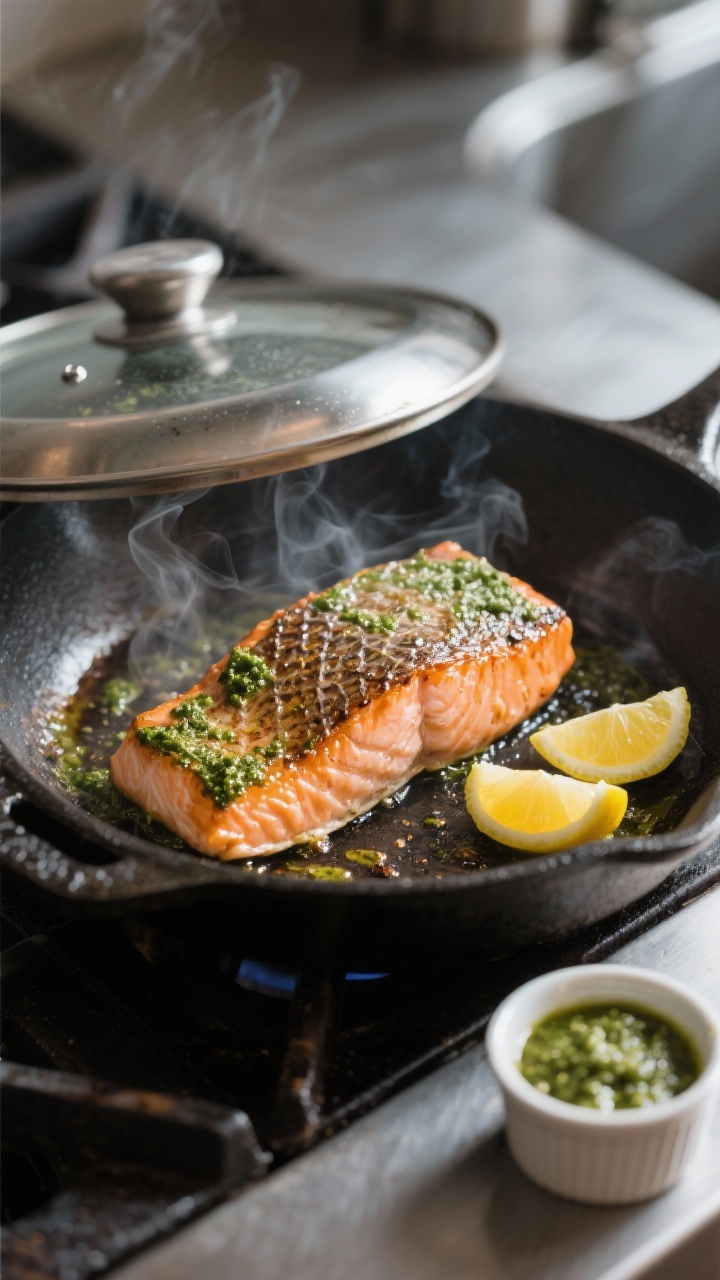 Cooking process: Skillet-seared salmon skin-side down with a thin swipe of pesto on top, skin crackl
