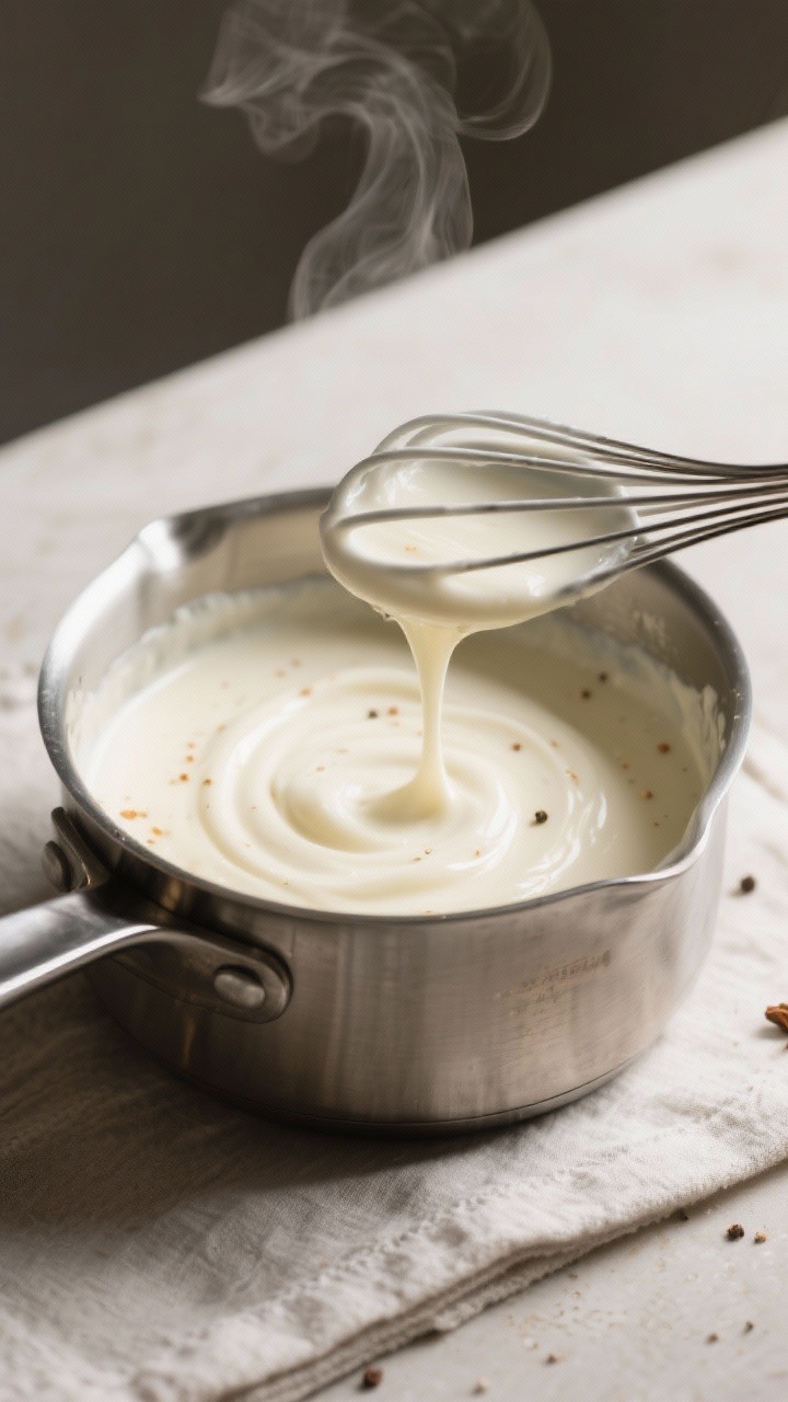 Cooking process: Smooth béchamel being whisked until it coats the back of a spoon in a stainless sa