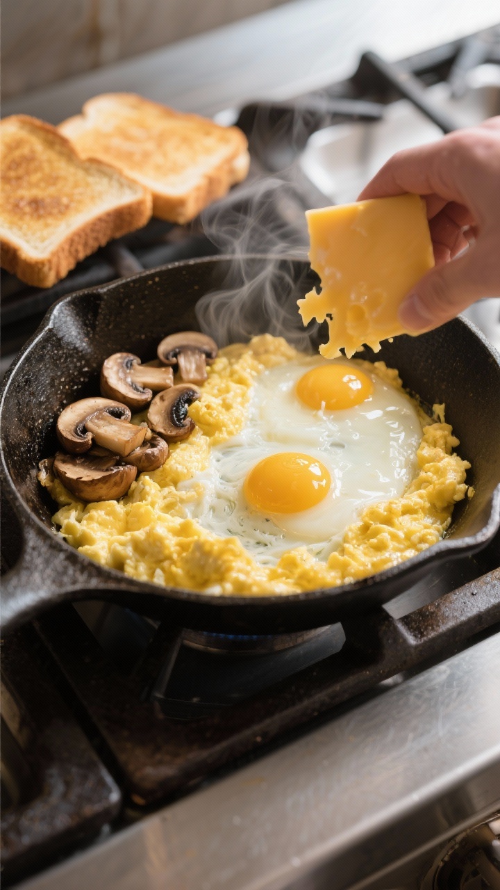 Cooking process: Soft scramble in progress in a seasoned skillet—eggs just set and glossy, butter 