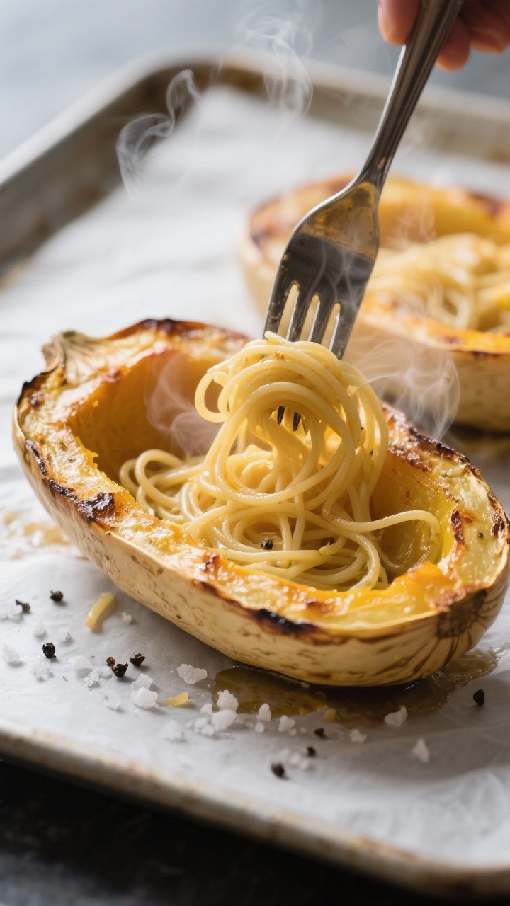 Cooking process: Spaghetti squash boats after roasting, strands being gently shredded with a fork in