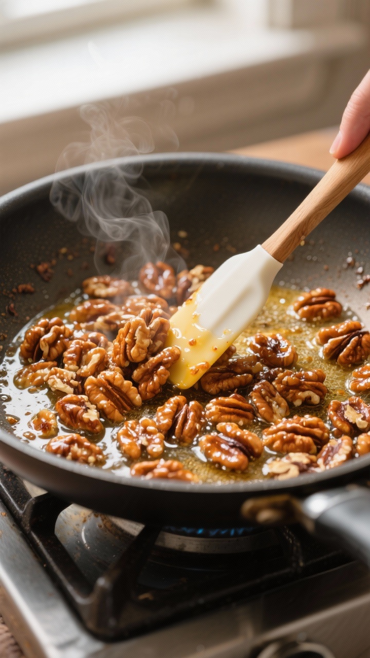 Cooking process: Stovetop shot of candied walnuts in a wide nonstick skillet mid-cook, the buttery a