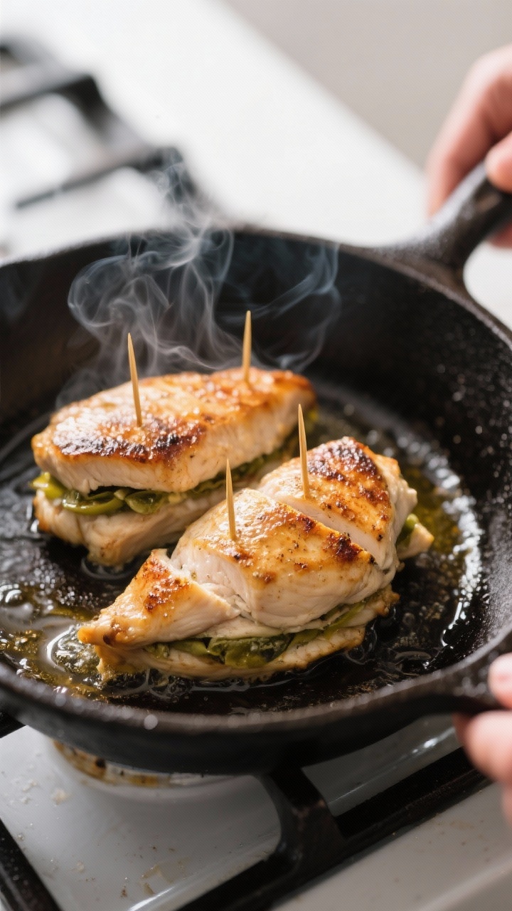 Cooking process: Stuffed chicken breasts being seared in a preheated cast-iron skillet, edges carame