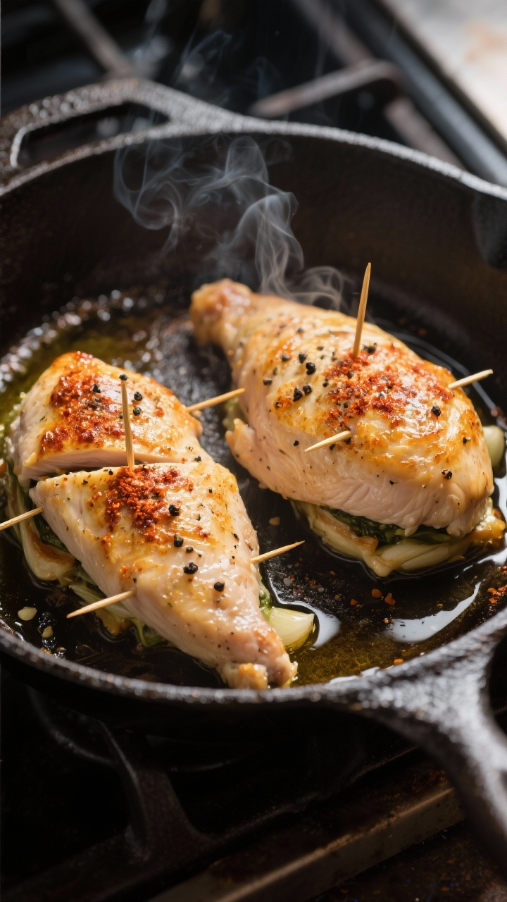 Cooking process: Stuffed chicken breasts searing in an oven-safe skillet, golden crust forming from 