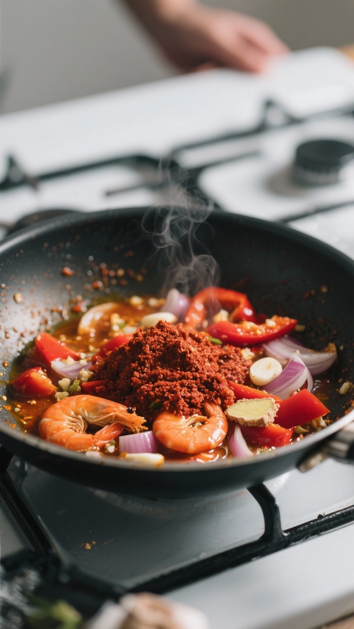 Cooking process: Thai Shrimp curry base blooming in a skillet — close-up of toasted Thai red curry