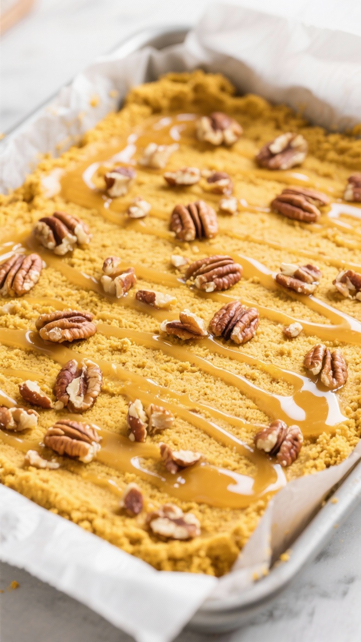 Cooking process: The assembled dessert just before baking—an even layer of dry yellow cake mix ful
