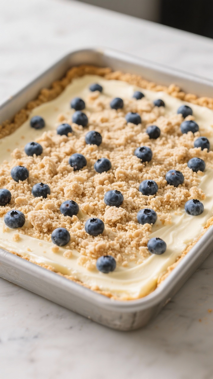 Cooking process: The assembled pan just before final bake—an even layer of creamy cheesecake sprea