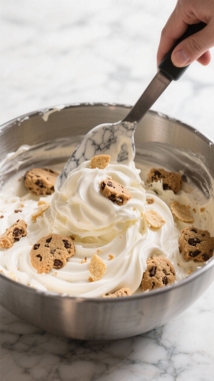 Cooking process: The churned ice cream at soft-serve stage being folded with marble-sized cookie dou