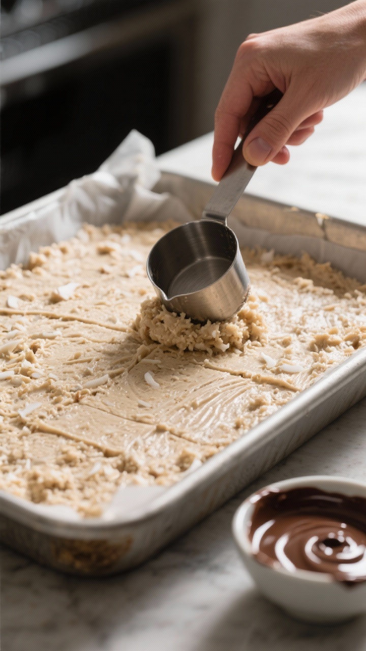 Cooking process: The compacting step in action—coconut mixture fully combined and pressed firmly i