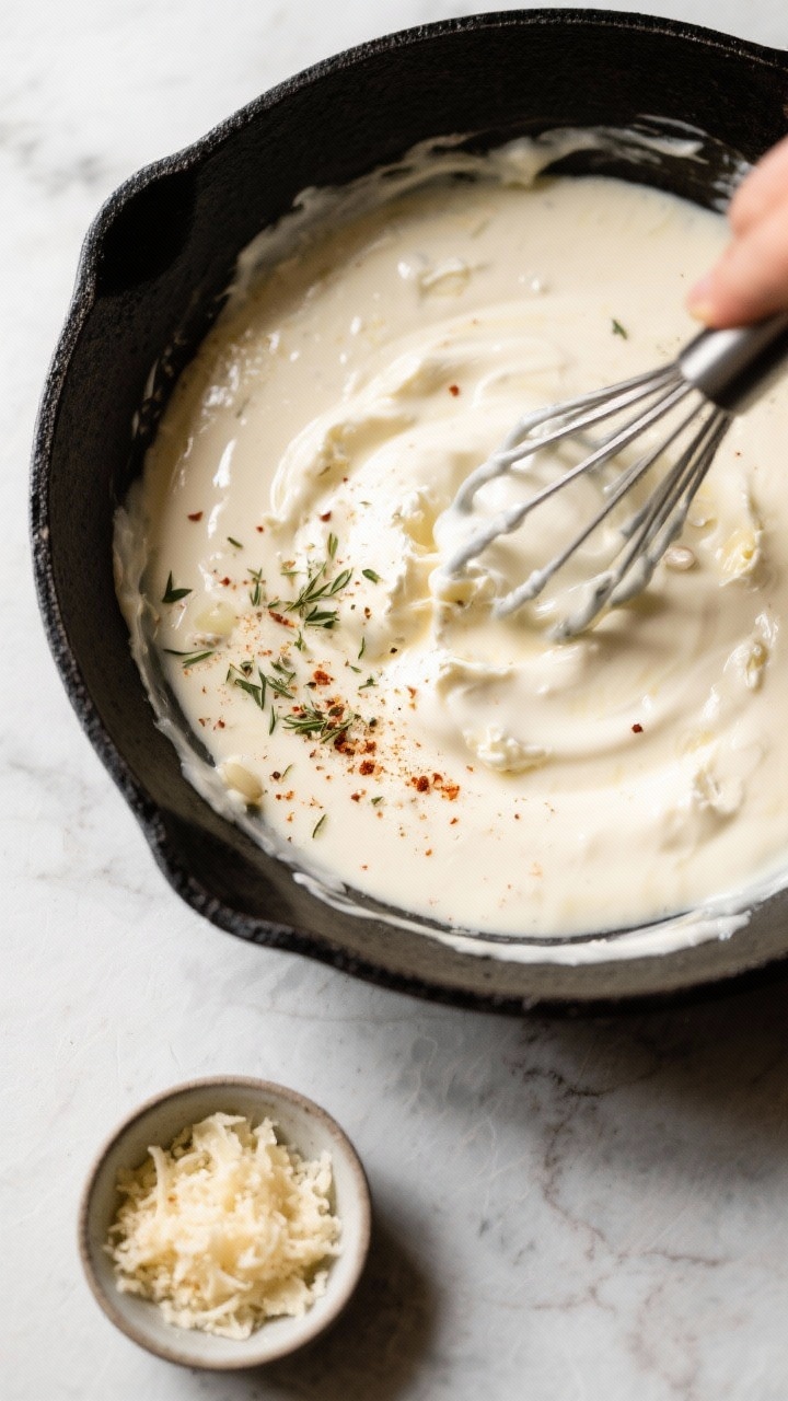 Cooking process: The creamy base being whisked in a skillet—silky heavy cream and softened cream c