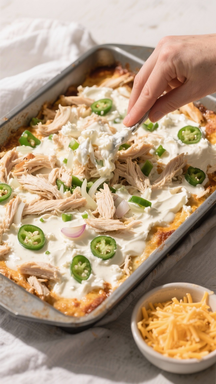 Cooking process: The creamy chicken-chile mixture being spread evenly into a greased baking dish rig