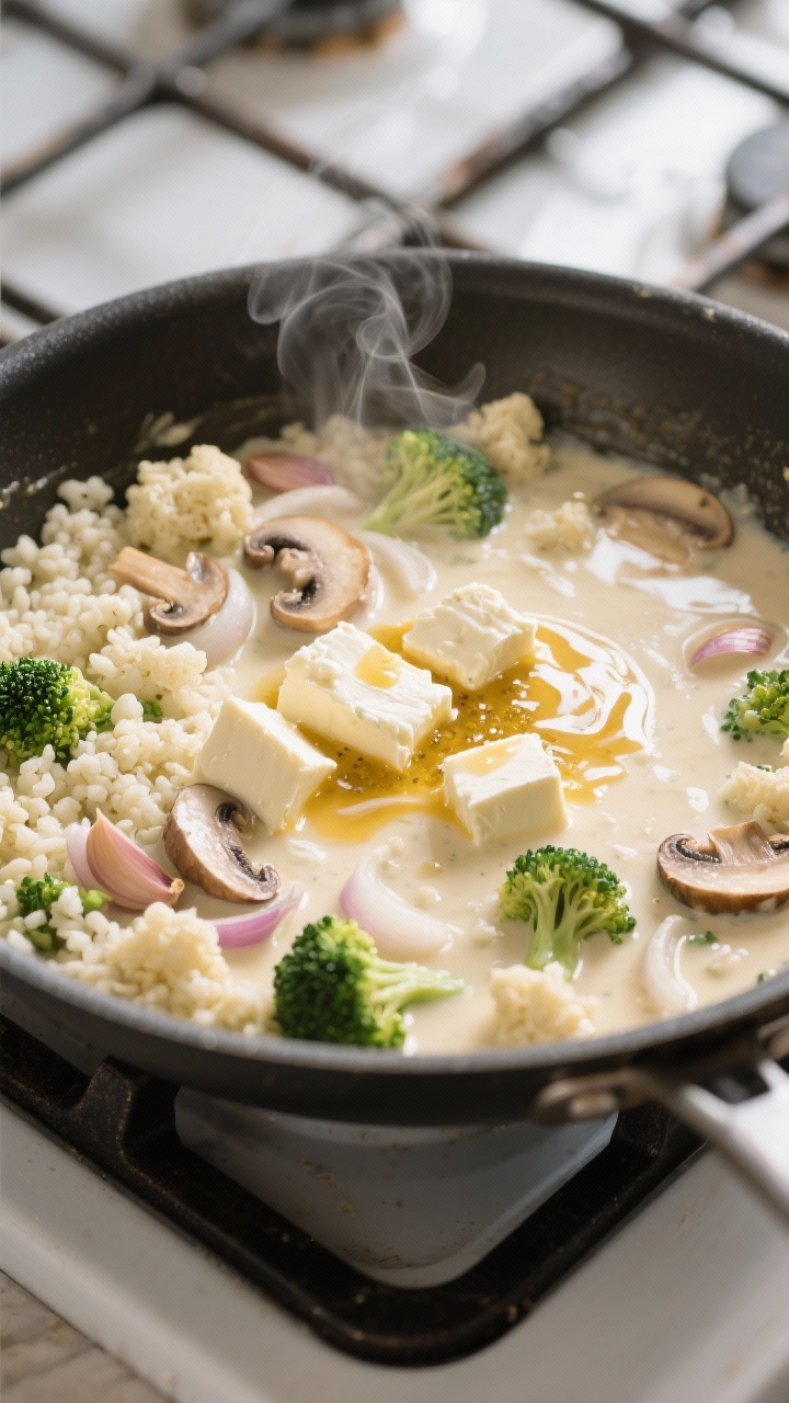 Cooking process: The creamy sauce stage in a large skillet—cauliflower rice, sautéed onions, garl