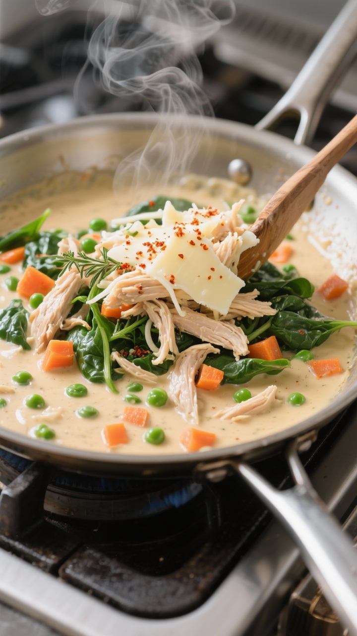 Cooking process: The creamy sauce stage in a skillet—silky, slightly thickened roux-based sauce wi